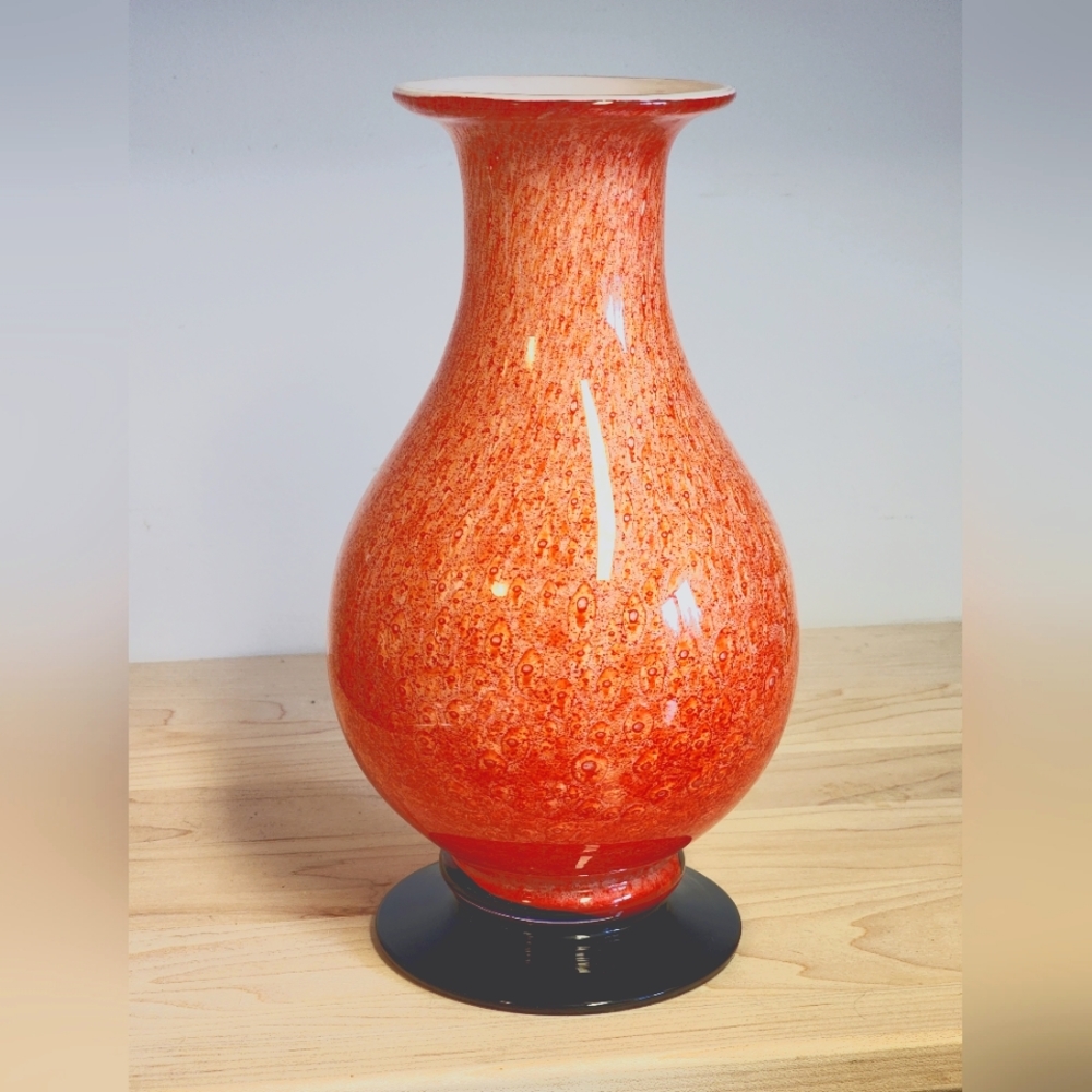 Stunning Orange Blown Glass Vase with a beautiful purple base, Murano